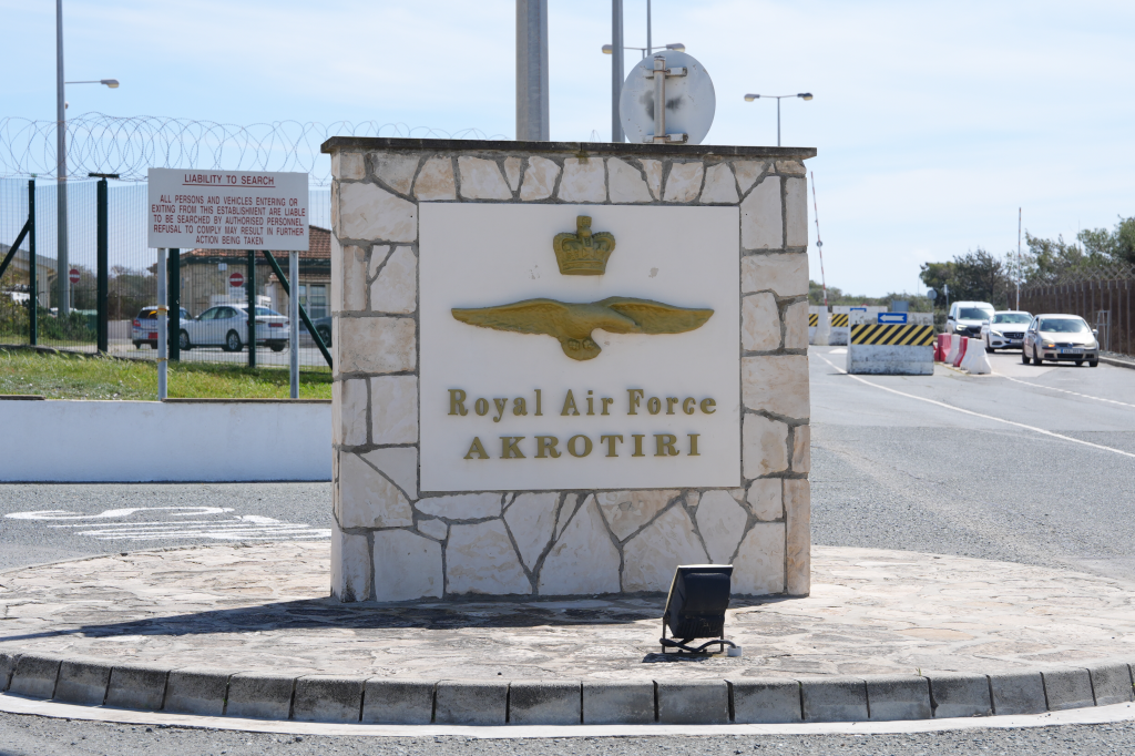 Entrance to RAF Akrotiri in Cyprus with a sign stating 