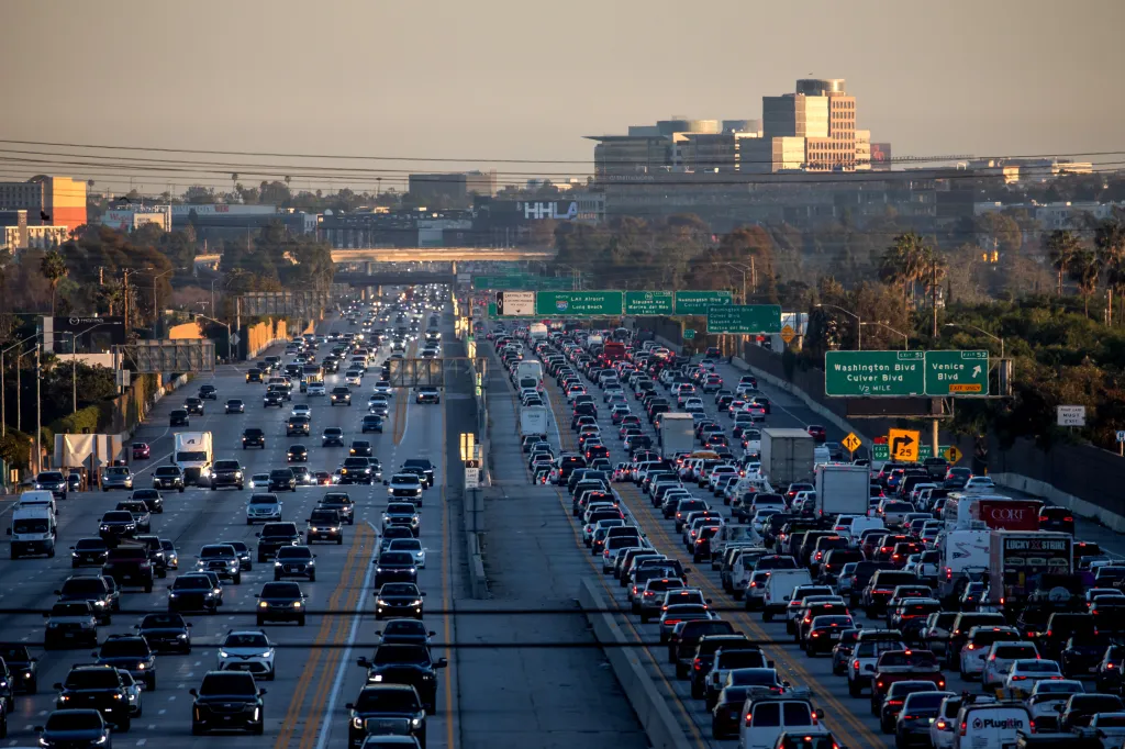 Traffic on the 405 Freeway in Los Angeles, California.