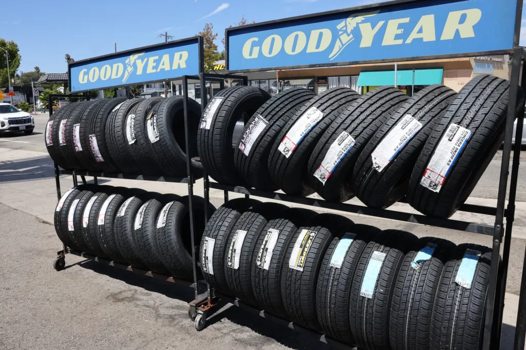 Goodyear tires displayed on racks at Lincoln Discount Tire in Venice, California.