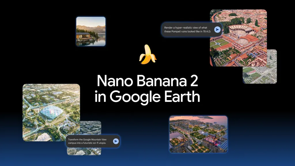 Illustration of Google Earth's Nano Banana 2 feature, showing various AI-generated landscapes and text prompts.