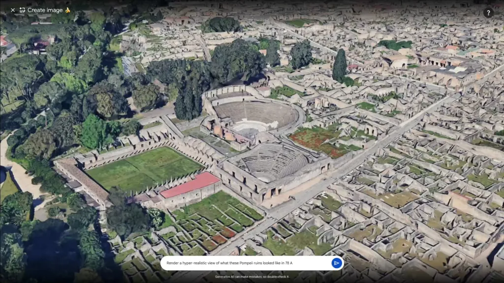 Aerial view of the ruins of Pompeii with an arena, a large rectangular courtyard, and many smaller structures.