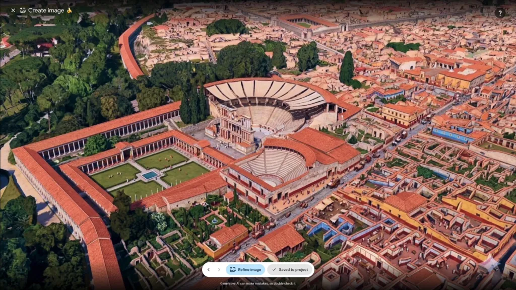 Illustration of an ancient Roman city with a large amphitheater, a smaller theater, and residential areas, as viewed from above on Google Earth.