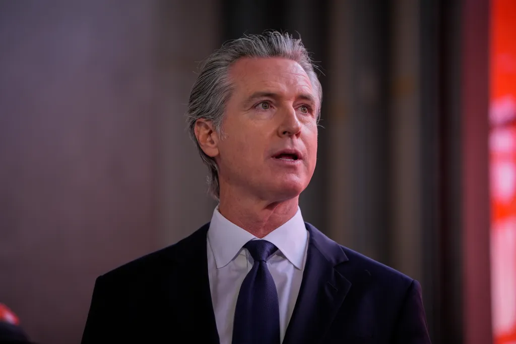 Governor Gavin Newsom speaks at a press conference in Oakland, California.