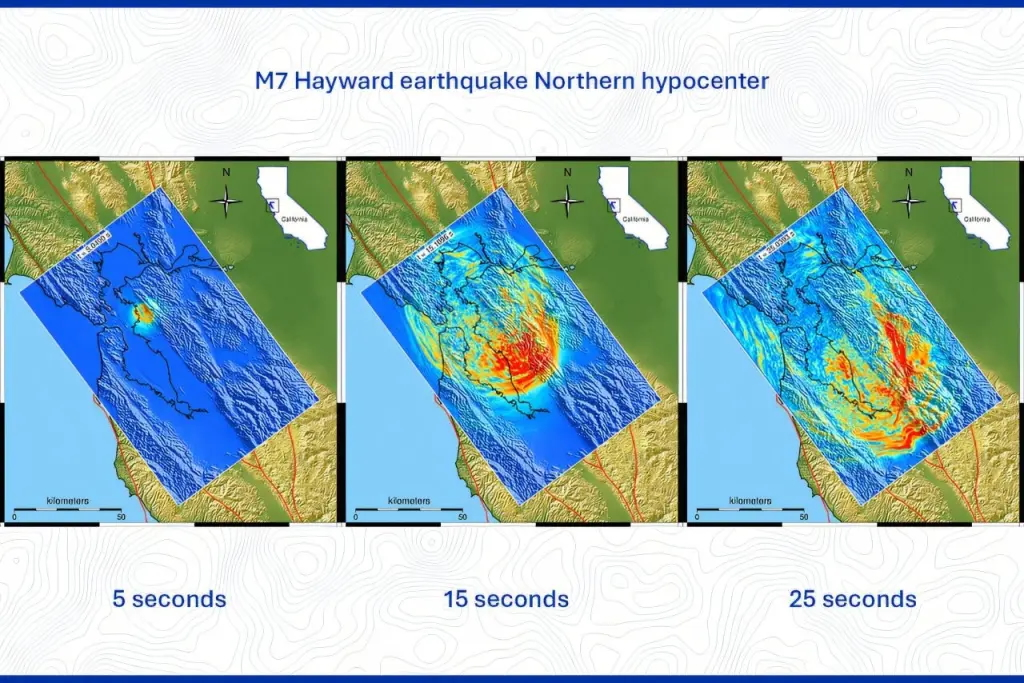 Illustration of a ground motion simulation of a magnitude-7 earthquake along the Hayward Fault at 5, 15, and 25 seconds.
