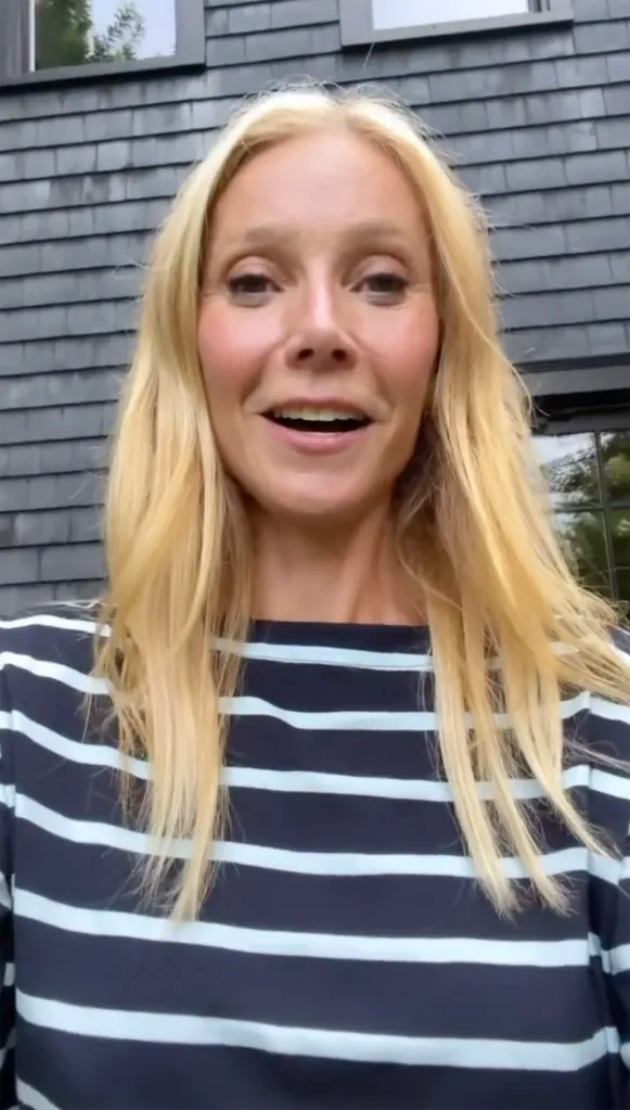Gwyneth Paltrow in a dark blue and light blue striped shirt.