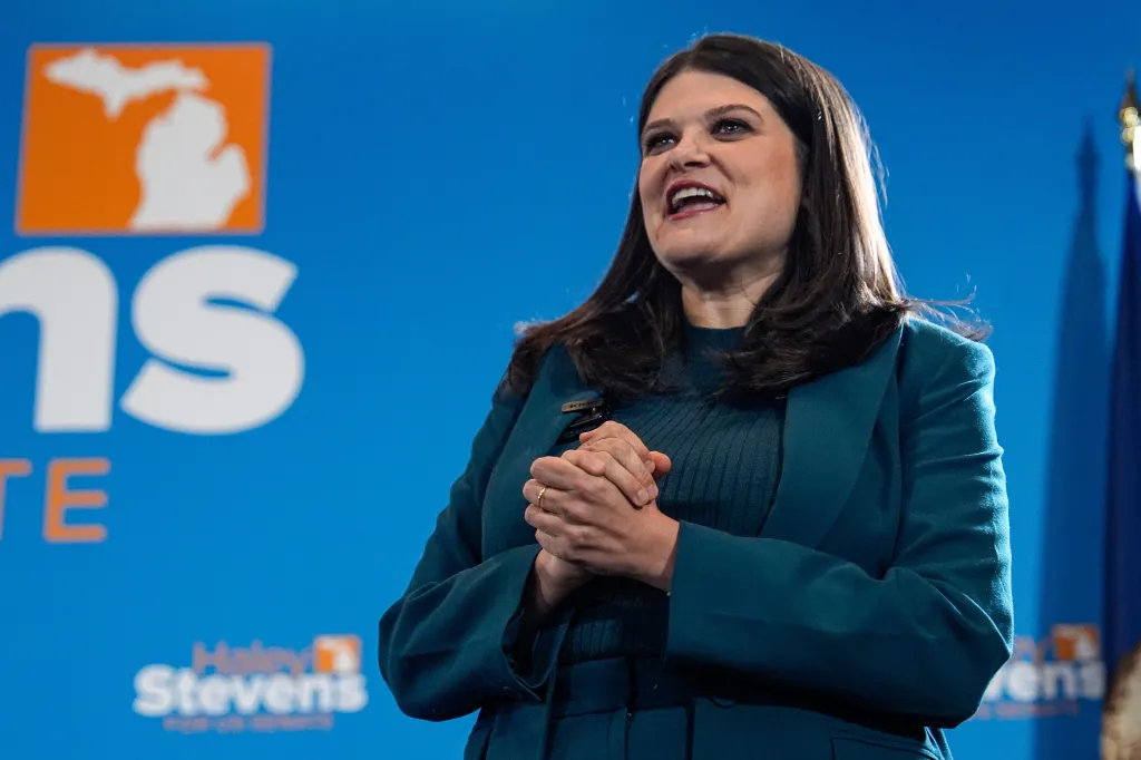 Haley Stevens speaks to supporters during an election night party.