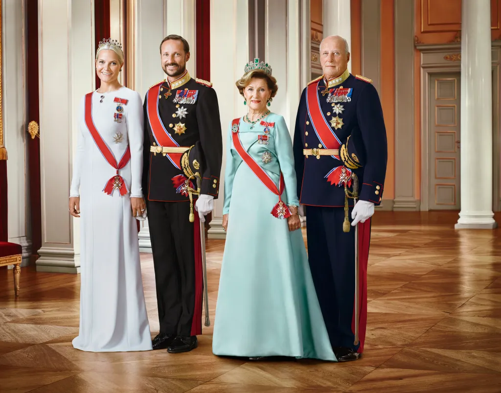 Princess Mette-Marit of Norway, Crown Prince Haakon of Norway, Queen Sonja of Norway and King Harald V of Norway pose for an official photograph in Oslo, Norway, on Aug. 18, 2015.