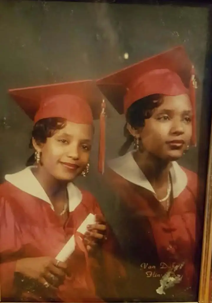 Tamiko Edwards' high school senior picture in 1991, showing two images of her in a red cap and gown.
