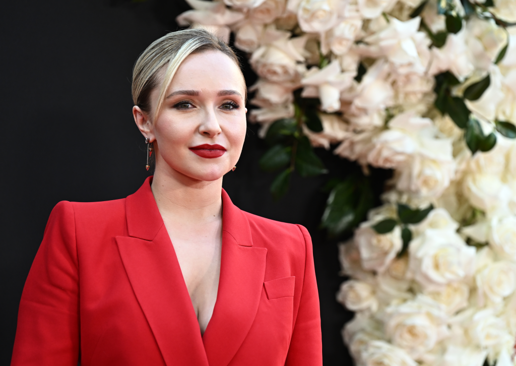 Hayden Panettiere wearing a red blazer and red lipstick.