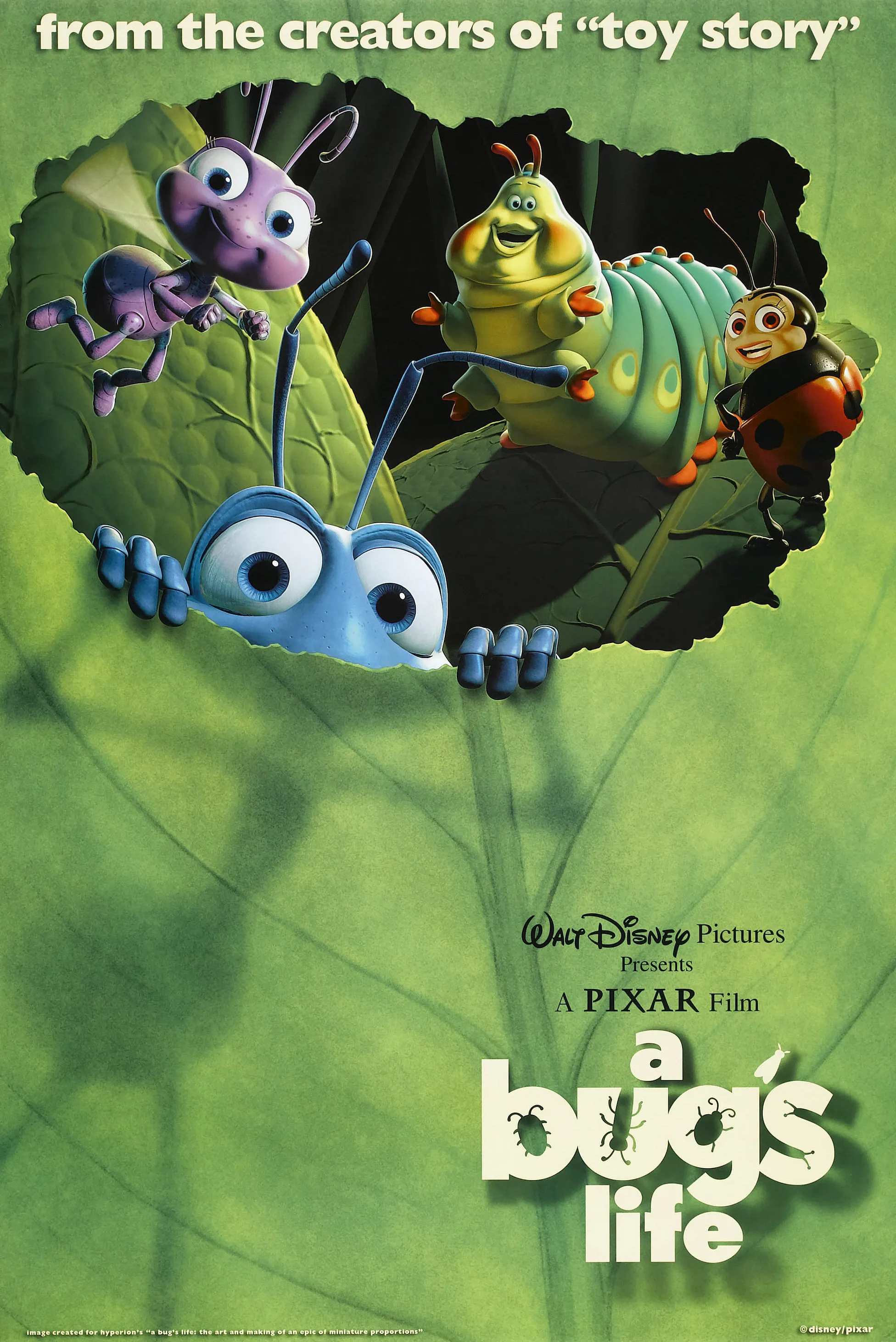 A BUG'S LIFE, US poster art, clockwise from top left: Dot (voice: Hayden Panettiere), Heimlich (voice: Joe Ranft), Francis (voice: Denis Leary), Flik (voice: Dave Foley), 1998. ©Buena Vista Pictures/courtesy Everett Collection
A BUG'S LIFE, US poster art, 1998. ©Buena Vista Pictures/courtesy Everett Collection