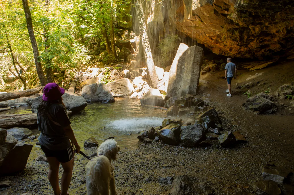 Hedge Creek Falls in Dunsmuir, California, with a person and a dog under the falls, and another person walking into a cave behind the falls.