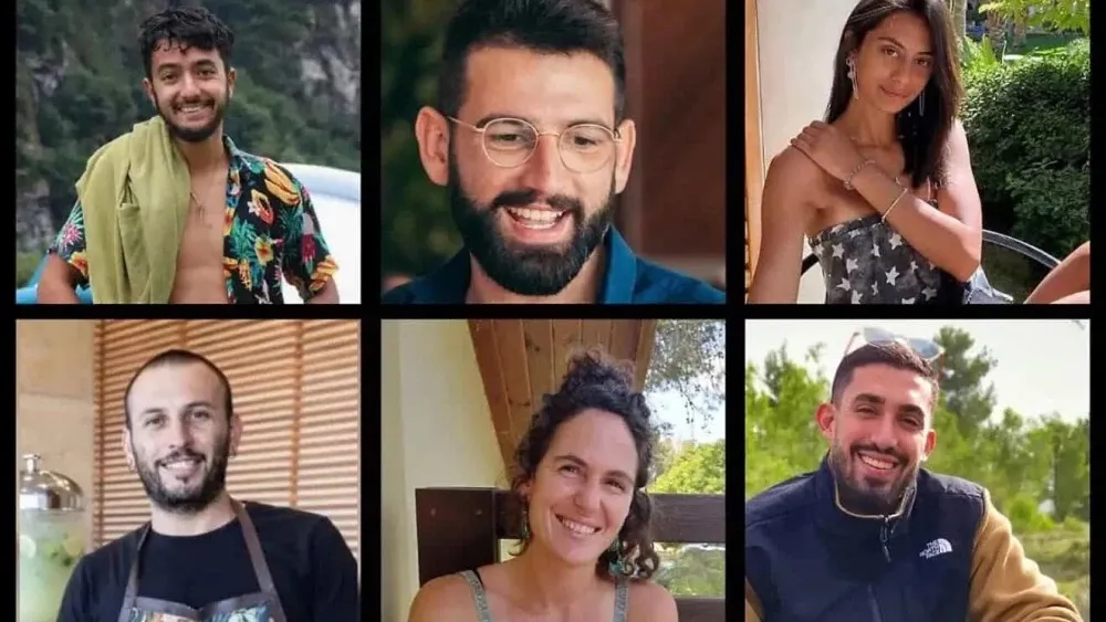Collage of six smiling individuals: Hersh Goldberg-Polin, Almog Sarusi, Eden Yerushalmi, Alexander Lobanov, Carmel Gat, and Ori Danino.