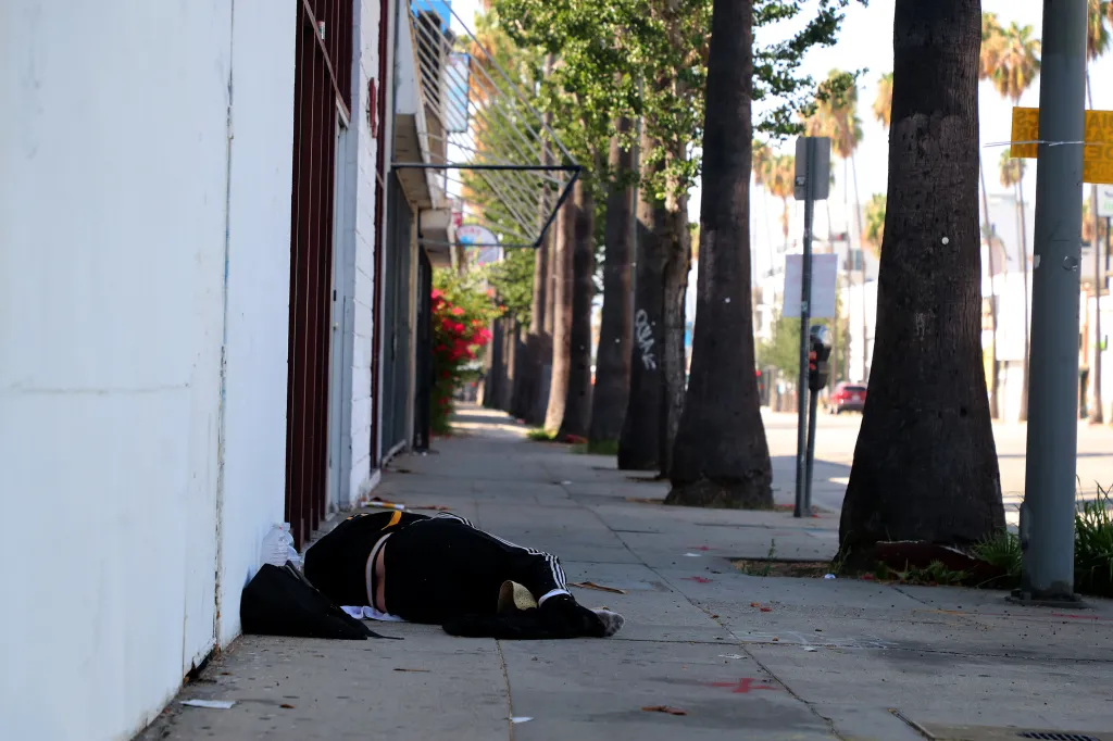 A person sleeping on the sidewalk of Van Nuys Boulevard, with closed storefronts and palm trees lining the street.