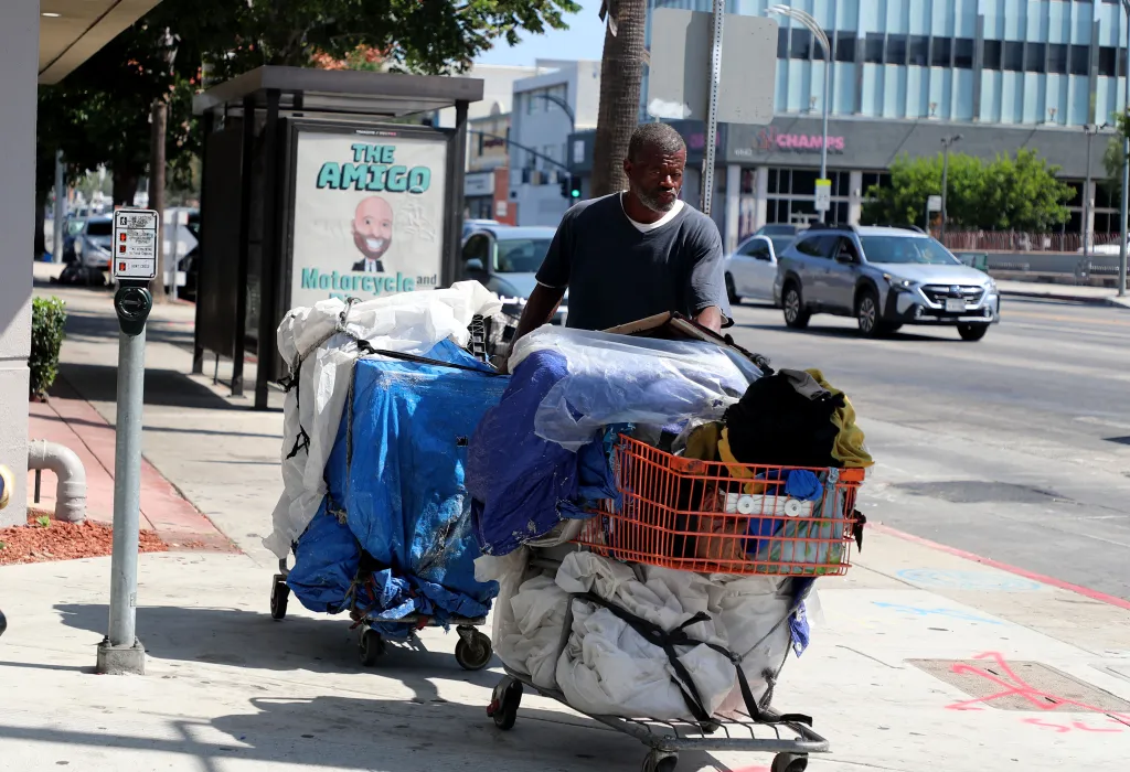 A homeless man pushes two overloaded shopping carts on Van Nuys Boulevard in Los Angeles.