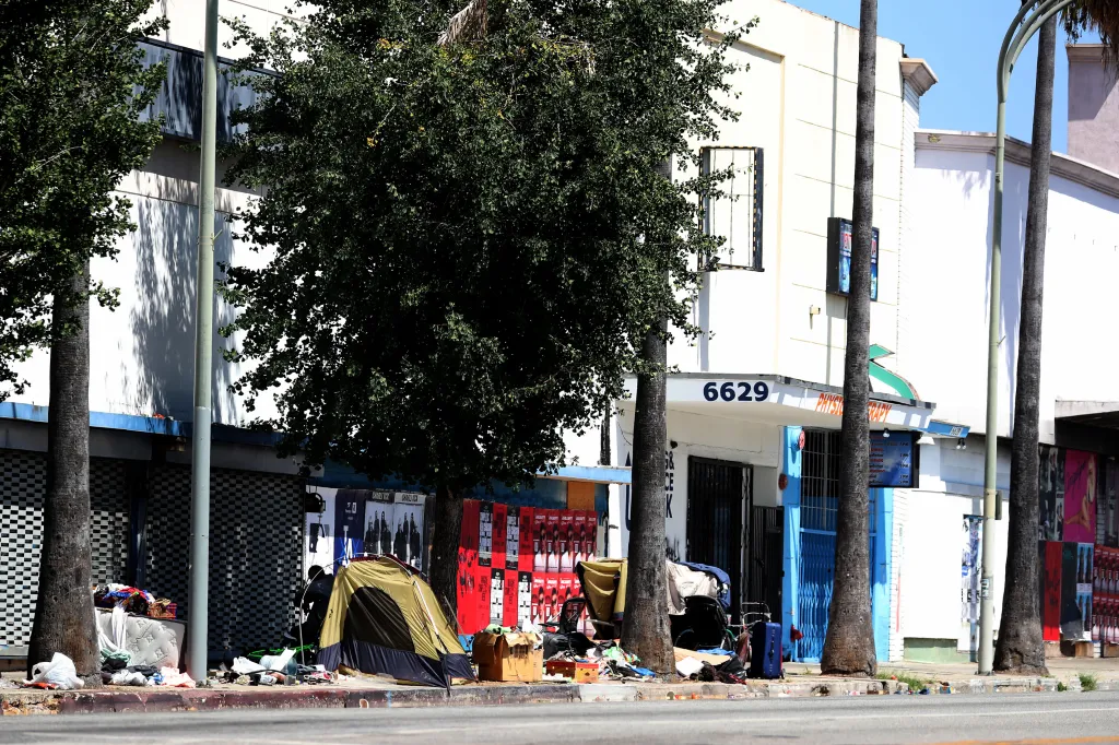 Homeless encampments, with tents and belongings, line a sidewalk in front of closed storefronts on Van Nuys Blvd. in Los Angeles.