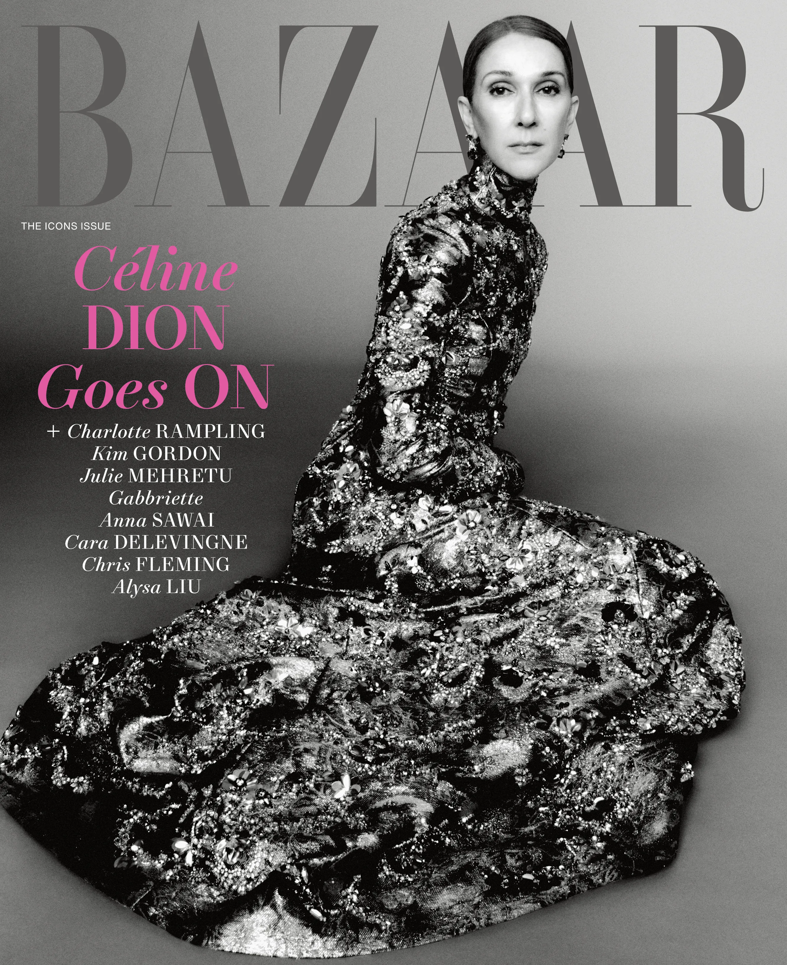 Celine Dion on the cover of Harper's Bazaar Global 2026 Icons Issue, wearing a high-necked, long-sleeved, intricately beaded and sequined gown, kneeling, looking directly at the viewer.