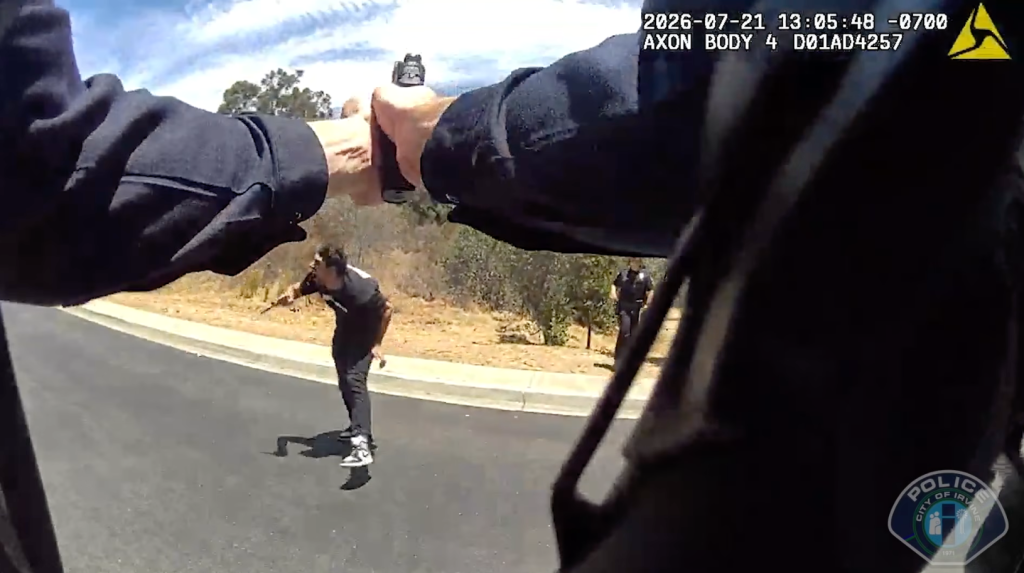 Bodycam footage shows a man with a knife confronted by police officers.