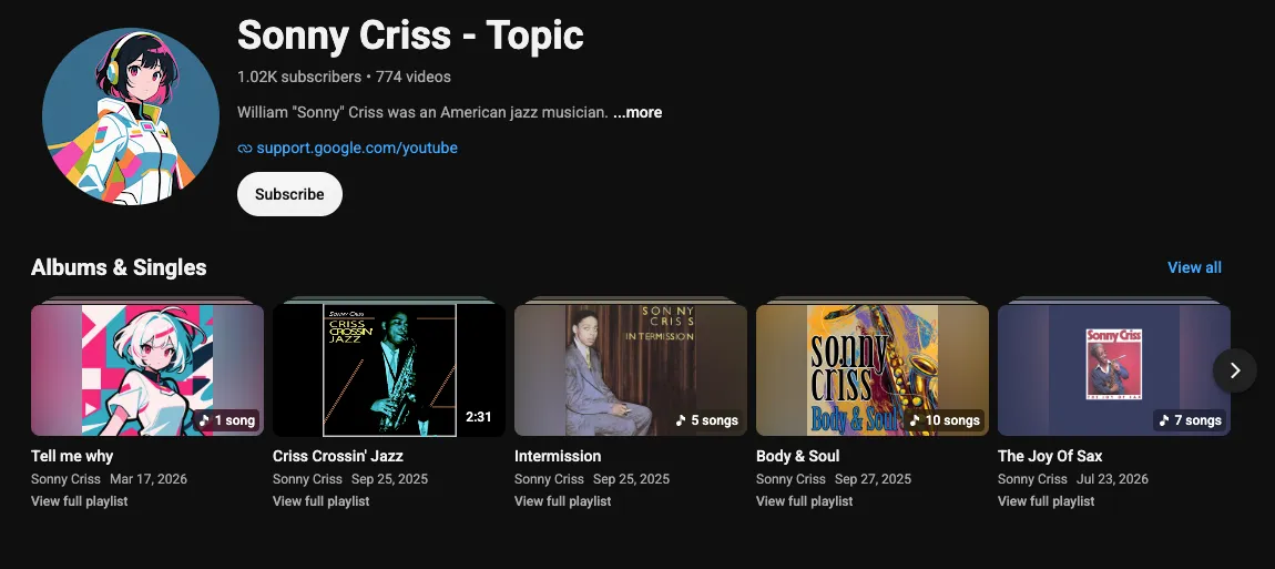 A screenshot from YouTube showing an AI-generated anime girl featured as a single attributed to famous bebop musician Sonny Criss.