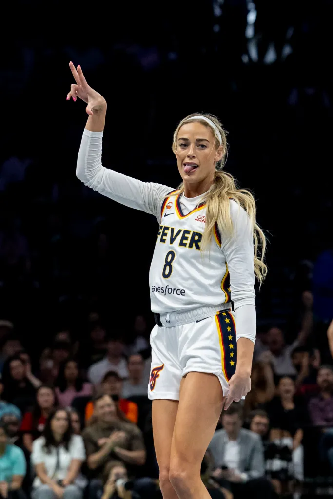 Sophie Cunningham celebrates as she scores a basket against the Liberty on August 22, 2026, at Barclays Center.