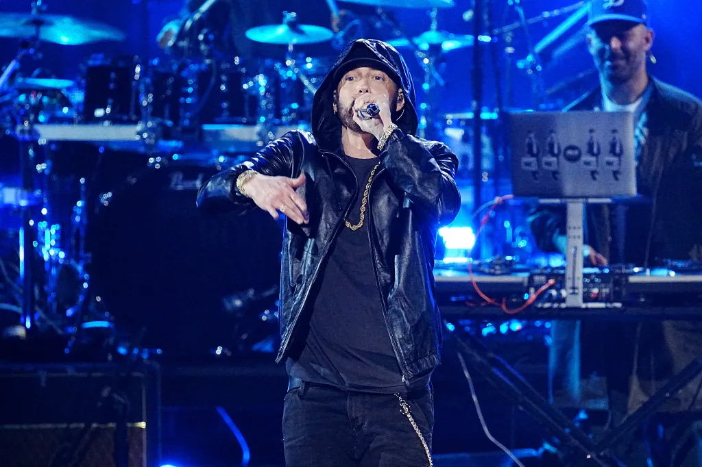 Eminem performing on stage at the 37th Annual Rock & Roll Hall Of Fame Induction Ceremony.