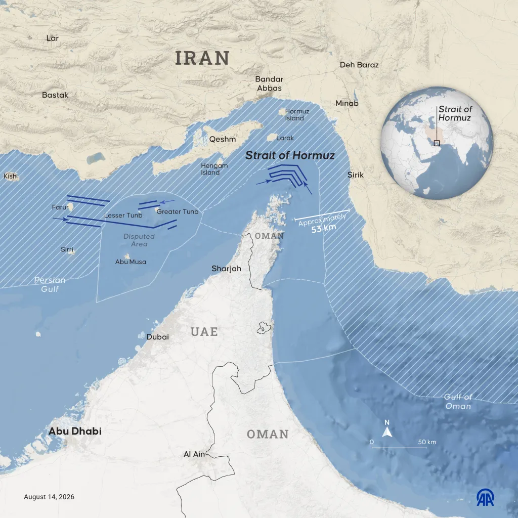 Illustration of a map of the Strait of Hormuz, showing Iran, Oman, and the UAE, with shipping lanes and disputed areas.
