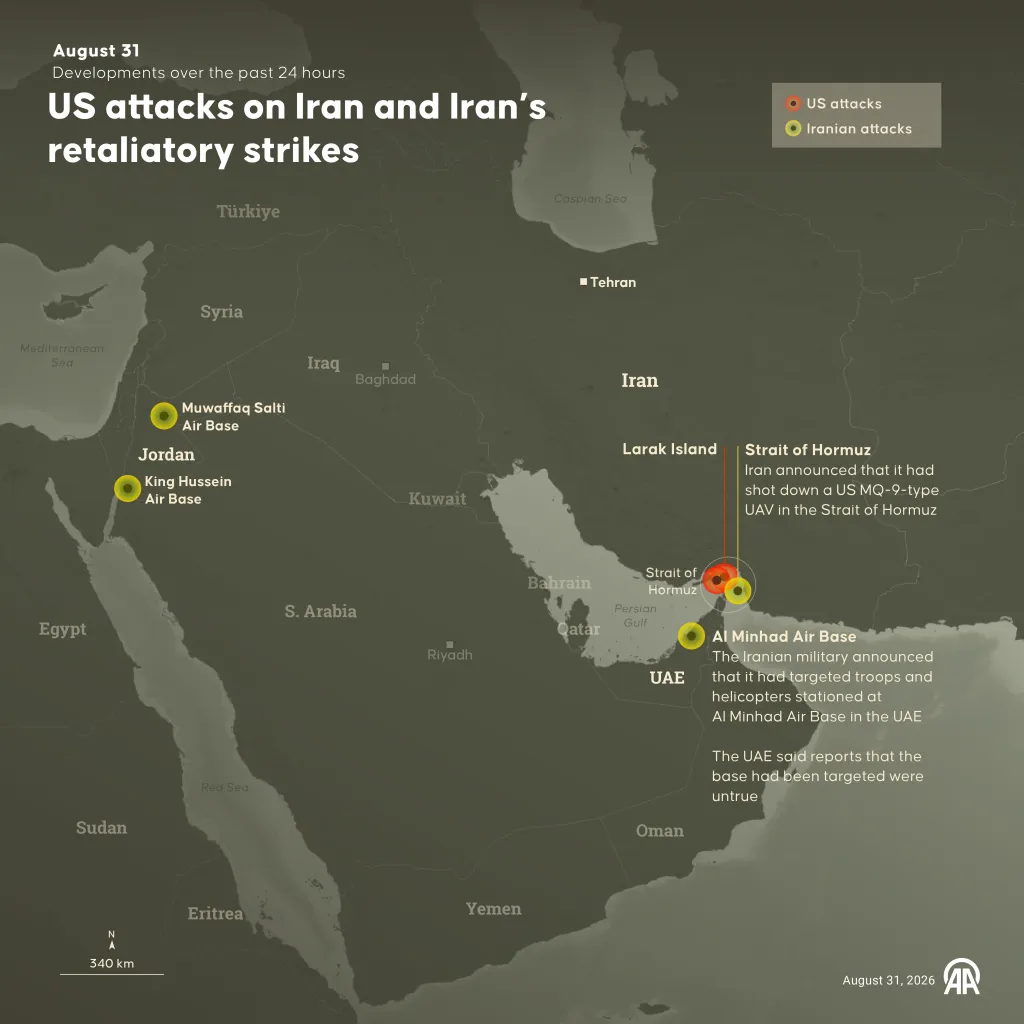Illustration of a map showing US attacks on Iran and Iran's retaliatory strikes, with locations highlighted and details provided.