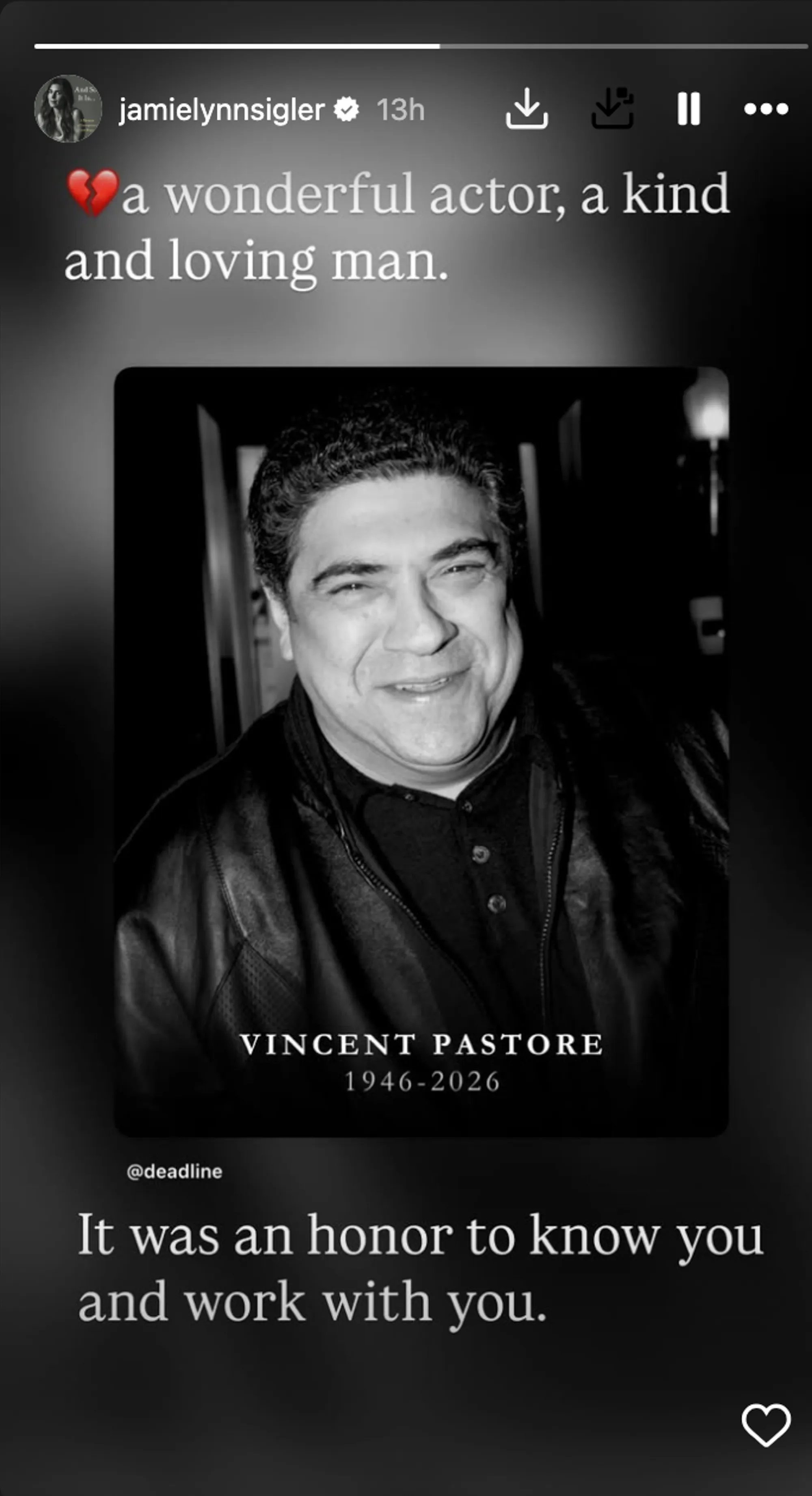 Jamie-Lynn Sigler's tribute to Vincent Pastore, with a black and white photo of Pastore smiling, and the text 
