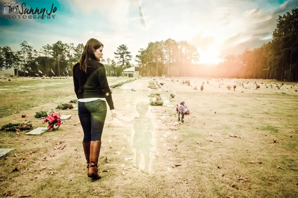 Illustration of a woman walking in a cemetery with the translucent image of a child beside her.