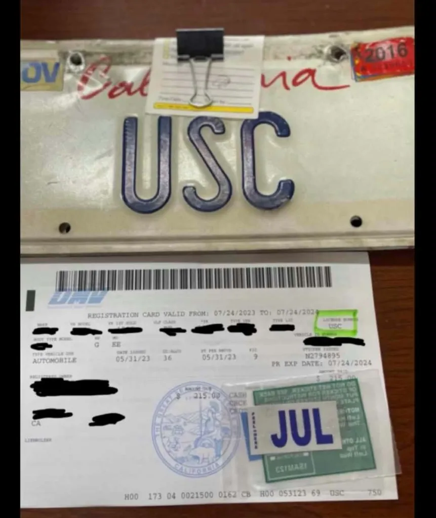 USC license plate and registration card.