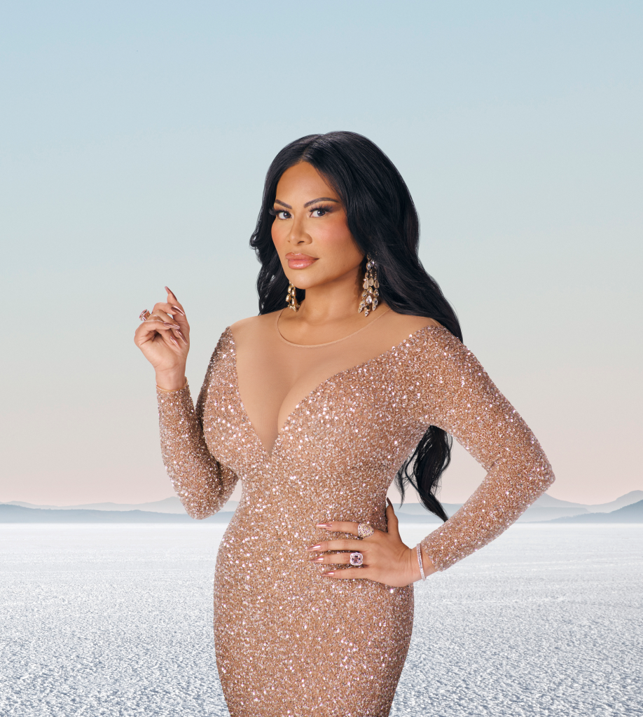 Jen Shah in a sparkling gold dress.