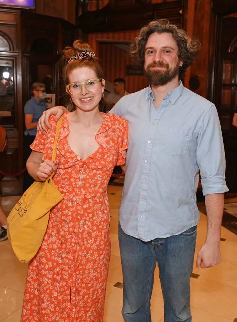 Jessie Cave and Alfie Brown posing together at a press night event.