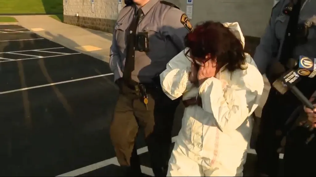 Rachel Moser covers her face after her arrest for allegedly helping her son cover up a murder.