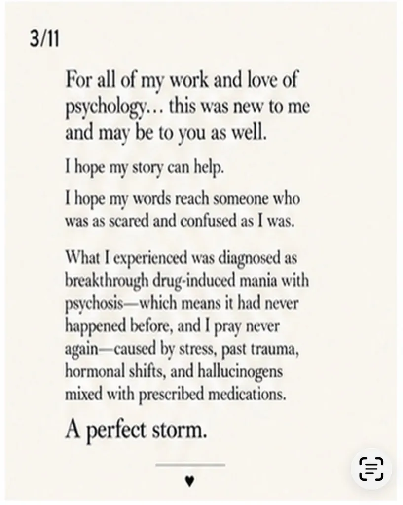 Text describing a diagnosis of drug-induced mania with psychosis, caused by stress, trauma, hormonal shifts, hallucinogens, and prescribed medications.