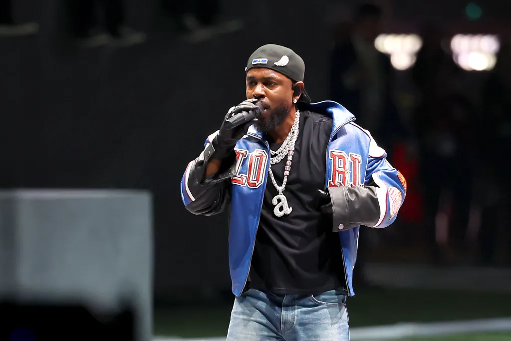 Kendrick Lamar performs onstage during the Apple Music Super Bowl LIX Halftime Show.
