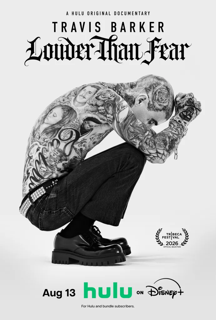 A black and white illustration of Travis Barker, heavily tattooed, crouching with his head bowed and arms covering his face, advertising the documentary
