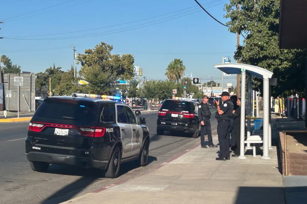 Fresno Police Department officers investigate a crime scene on Belmont Avenue and Effie Street.