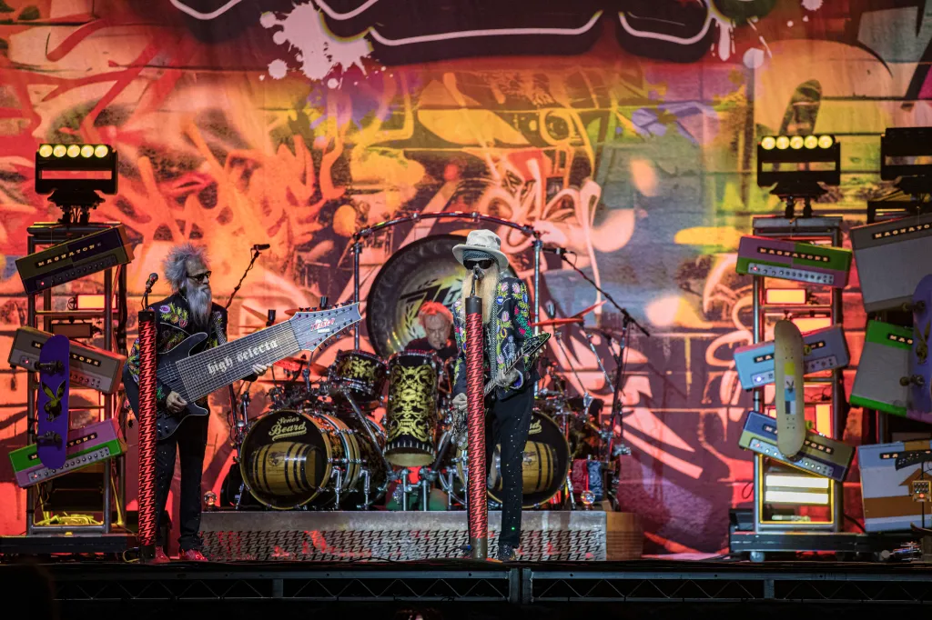 ZZ Top performing live on stage.