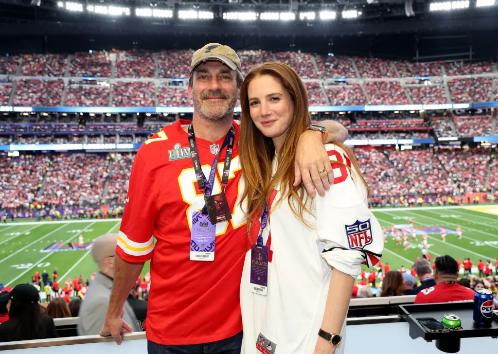 Jon Hamm and Anna Osceola at Super Bowl LVIII Pregame.