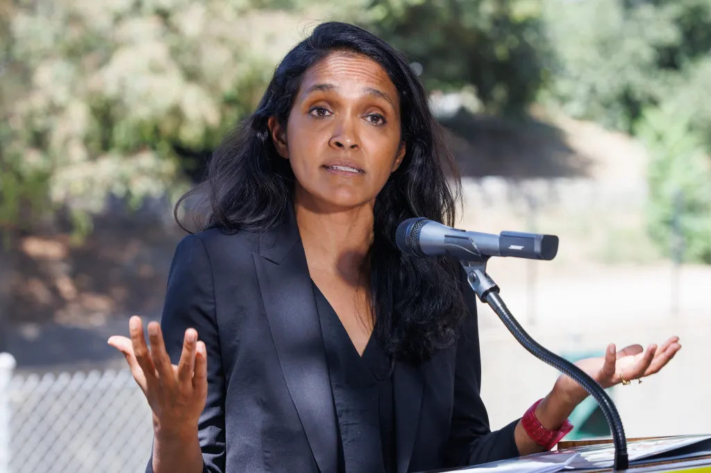 LA Mayoral candidate Nithya Raman speaking at a press conference.