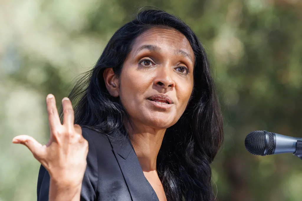 LA Mayoral candidate Nithya Raman speaks at a press conference.