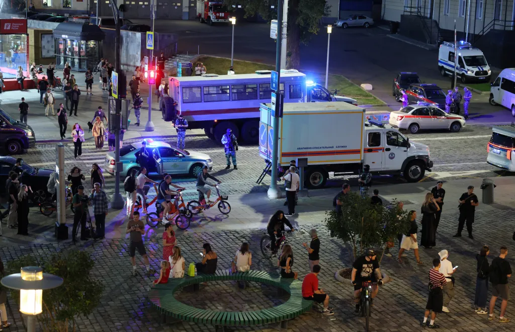 Emergency responders at the site of an explosion at a restaurant in central Moscow, Russia, on Aug. 1, 2026.