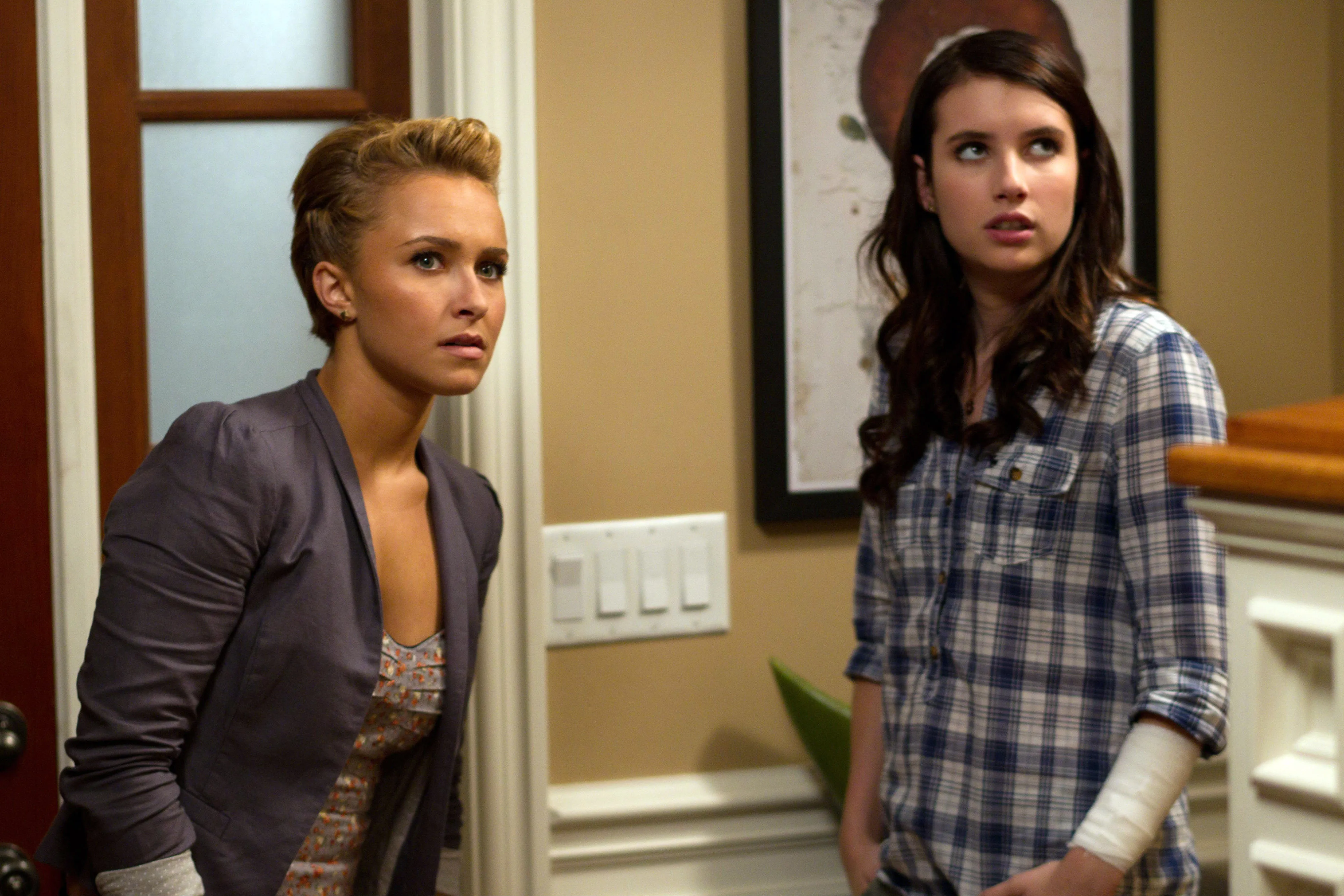 Hayden Panettiere and Emma Roberts looking startled in Scream 4.