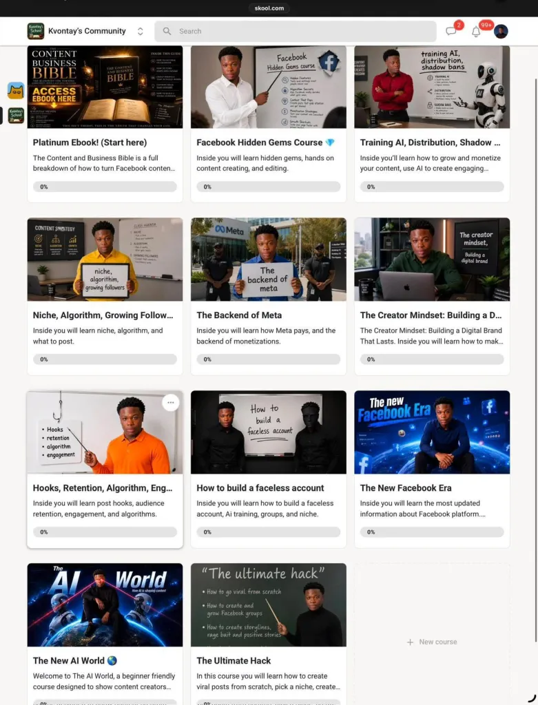 A collage of courses from Kvontay Pringle about social media content, algorithms, and AI.