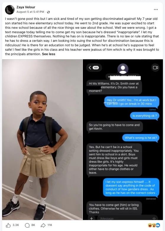 Collage of an AI-generated image of a young boy in a skirt and makeup, next to a text conversation about the boy being sent home from school for his attire.