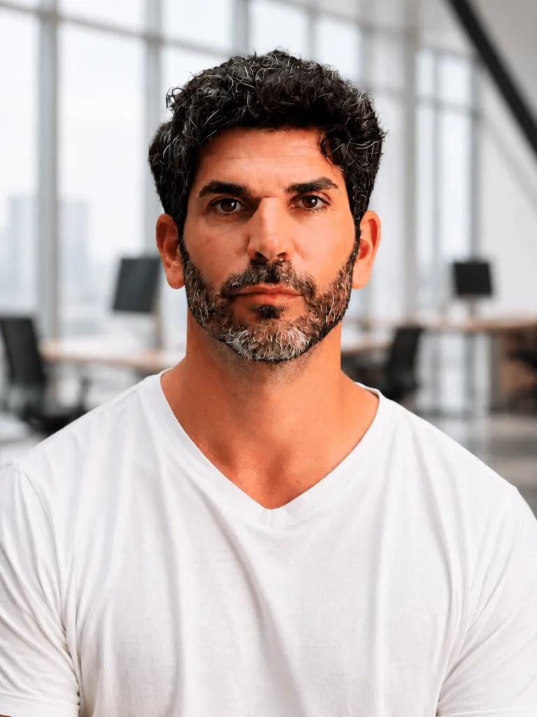 Portrait of Bezalel 'Eithan' Raviv, a man with dark curly hair and a graying beard, wearing a white V-neck shirt.
