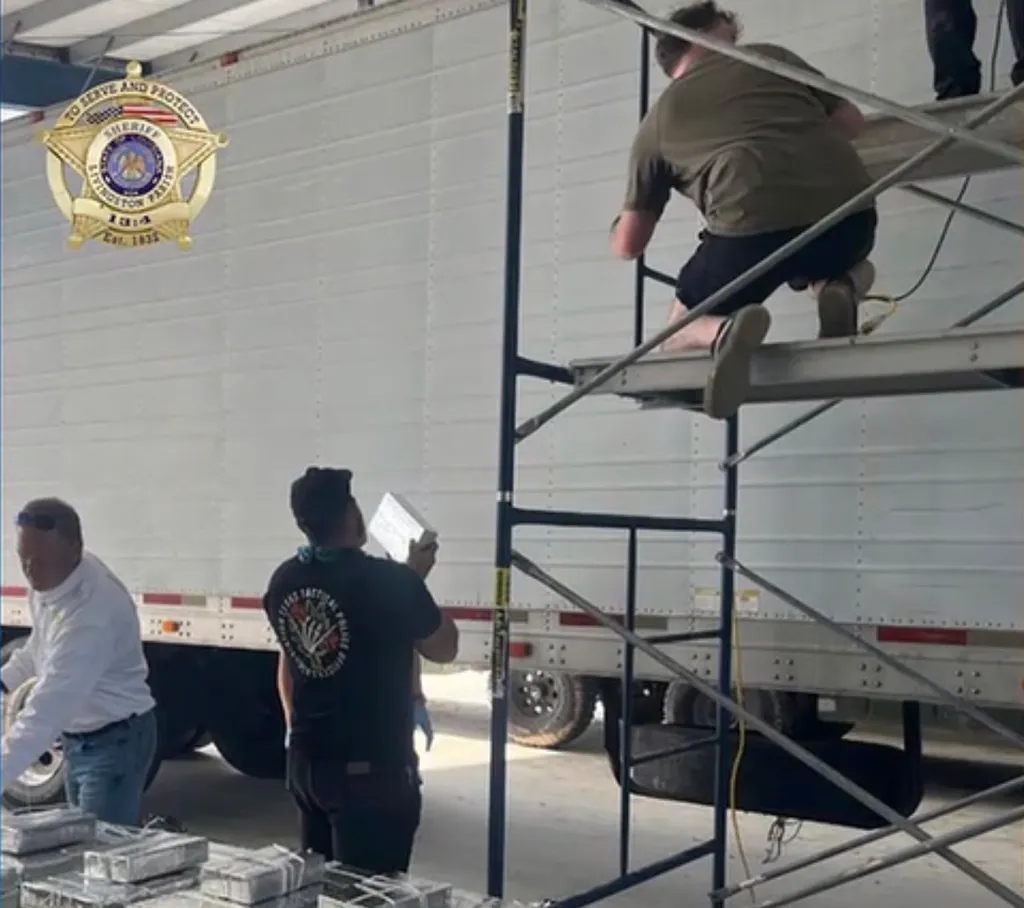 Law enforcement officers seizing packages of methamphetamine from an 18-wheeler.