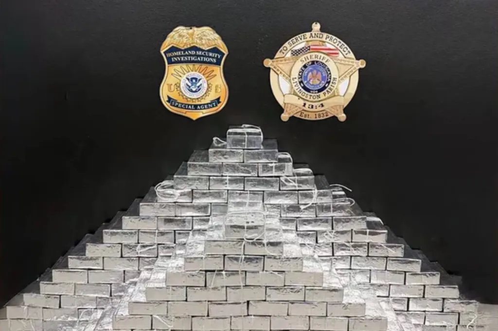 A Homeland Security Investigations badge and a Livingston Parish Sheriff's badge above over 700 pounds of methamphetamine.