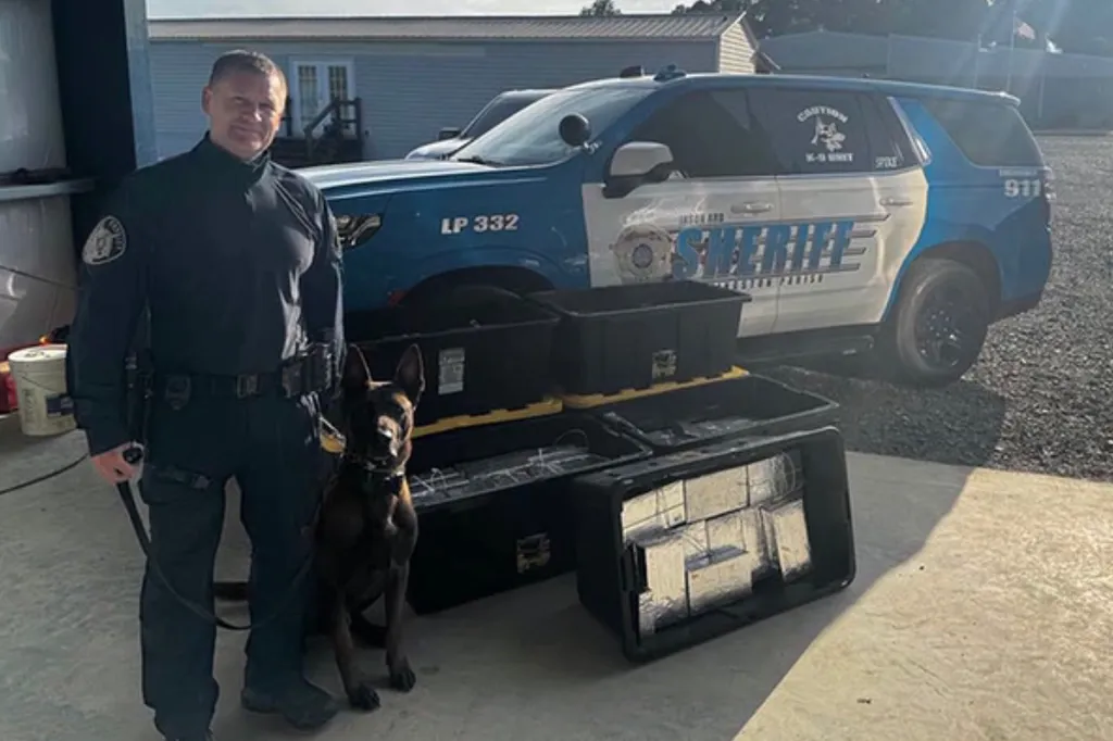 A sheriff's deputy and a K-9 dog standing next to several large containers of seized methamphetamine and a sheriff's vehicle.