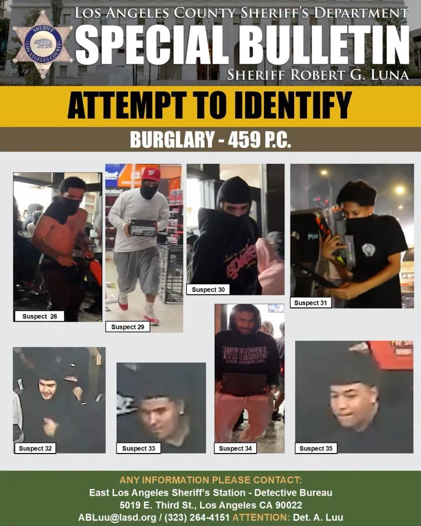 Collage of seven surveillance images of suspects wanted for burglary.
