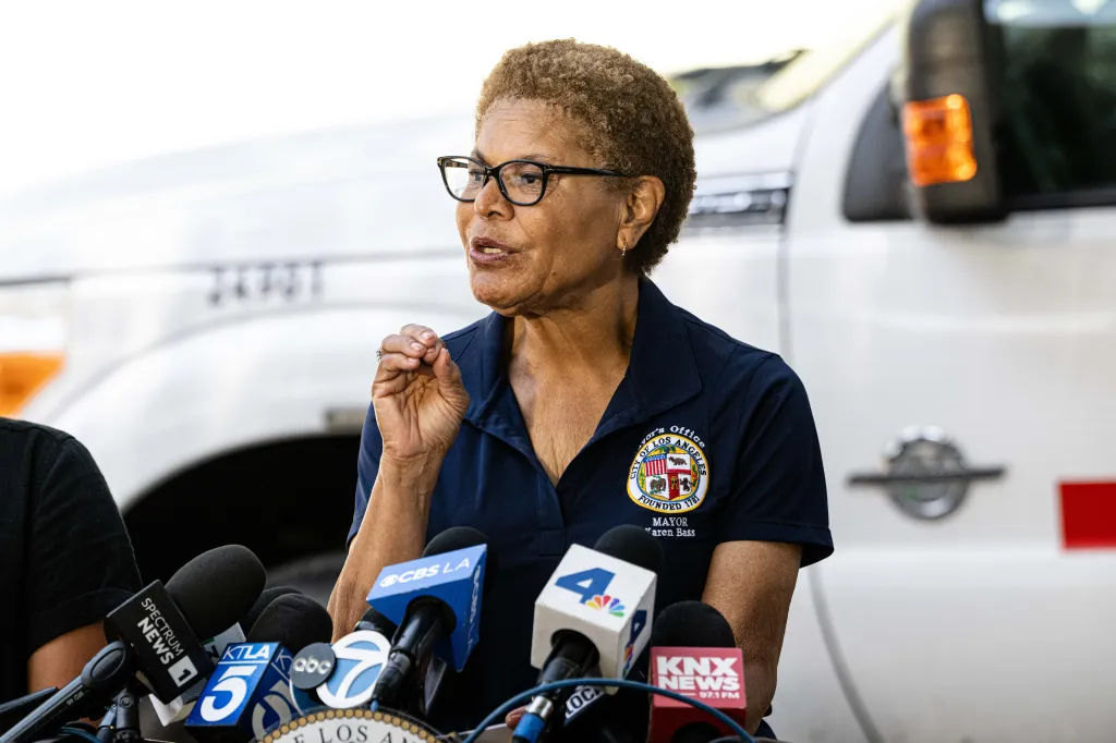 Los Angeles Mayor Karen Bass speaking at a press conference regarding a warehouse fire.